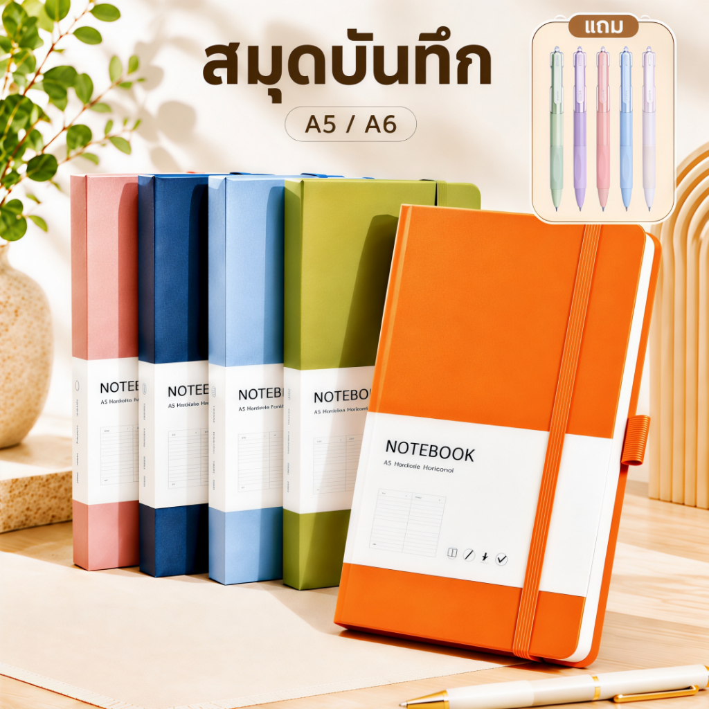 สมุด A5 A6 สมุดโน๊ต พร้อมที่เสียบปากกา เส้นแนวนอน เส้นจุด ตาราง กริด กระดาษเปล่า เหมาะสำหรับนักศึกษาและสำนักงาน