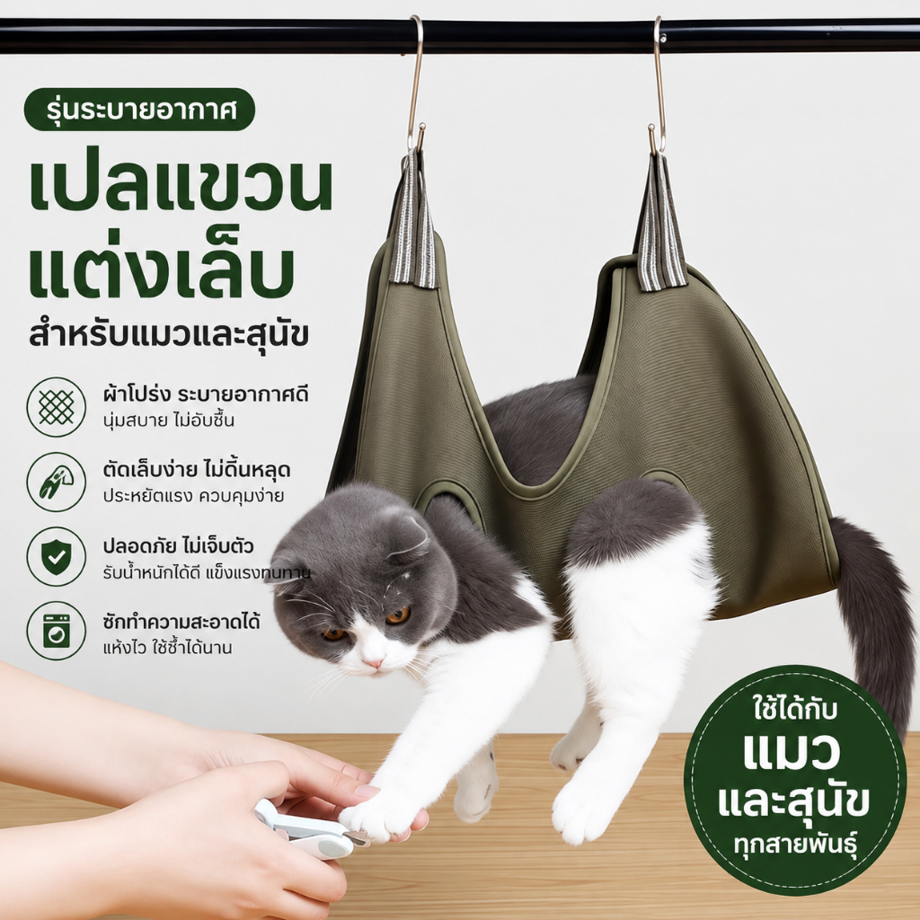 เปลอาบน้ำ ตัดเล็บสัตว์เลี้ยง แมวหมา แขวนราว แถมตะขอ S 2 ตัว ผ้าตาข่ายระบายอากาศ
