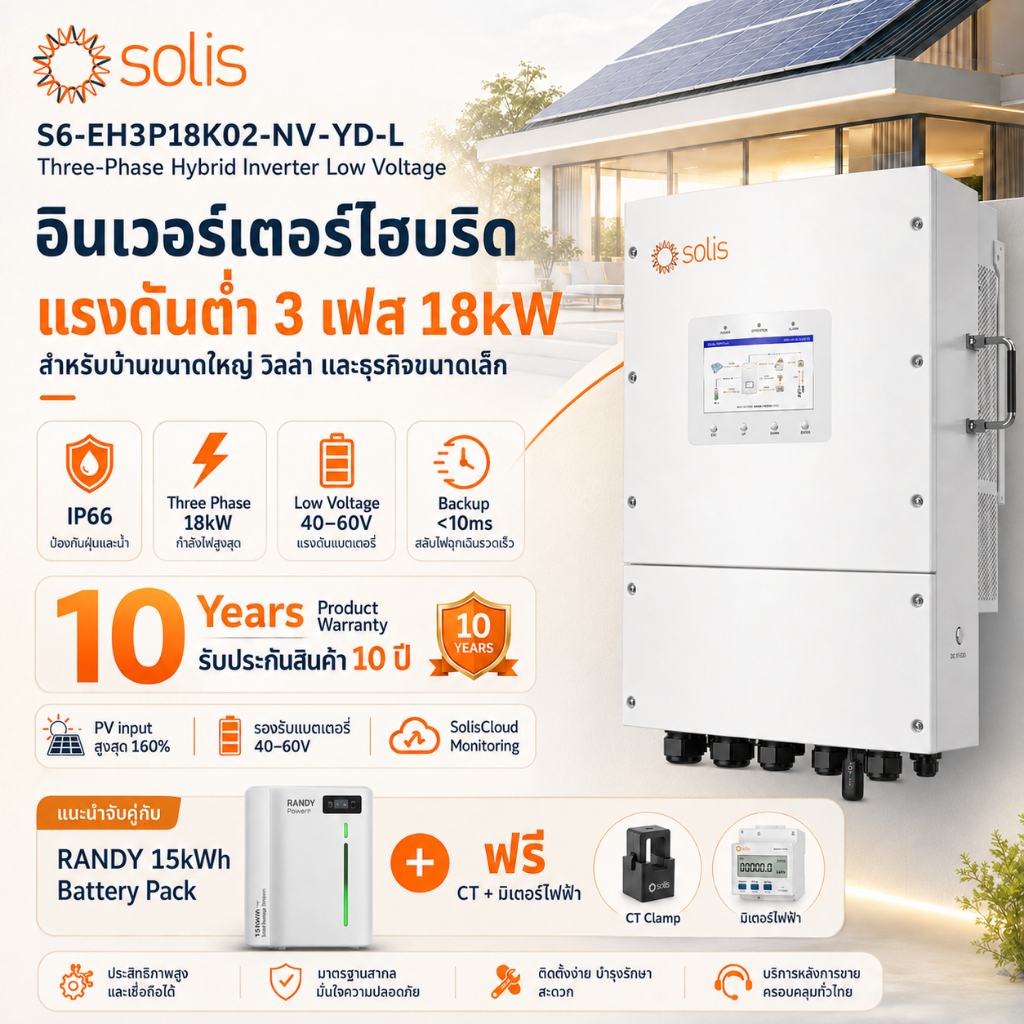 Solis Hybrid On Grid Inverter 18kW 3เฟส S6-EH3P18K02-NV-YD-L จอสัมผัส 7" | AI+VPP อัจฉริยะ แบตฯ48V ป