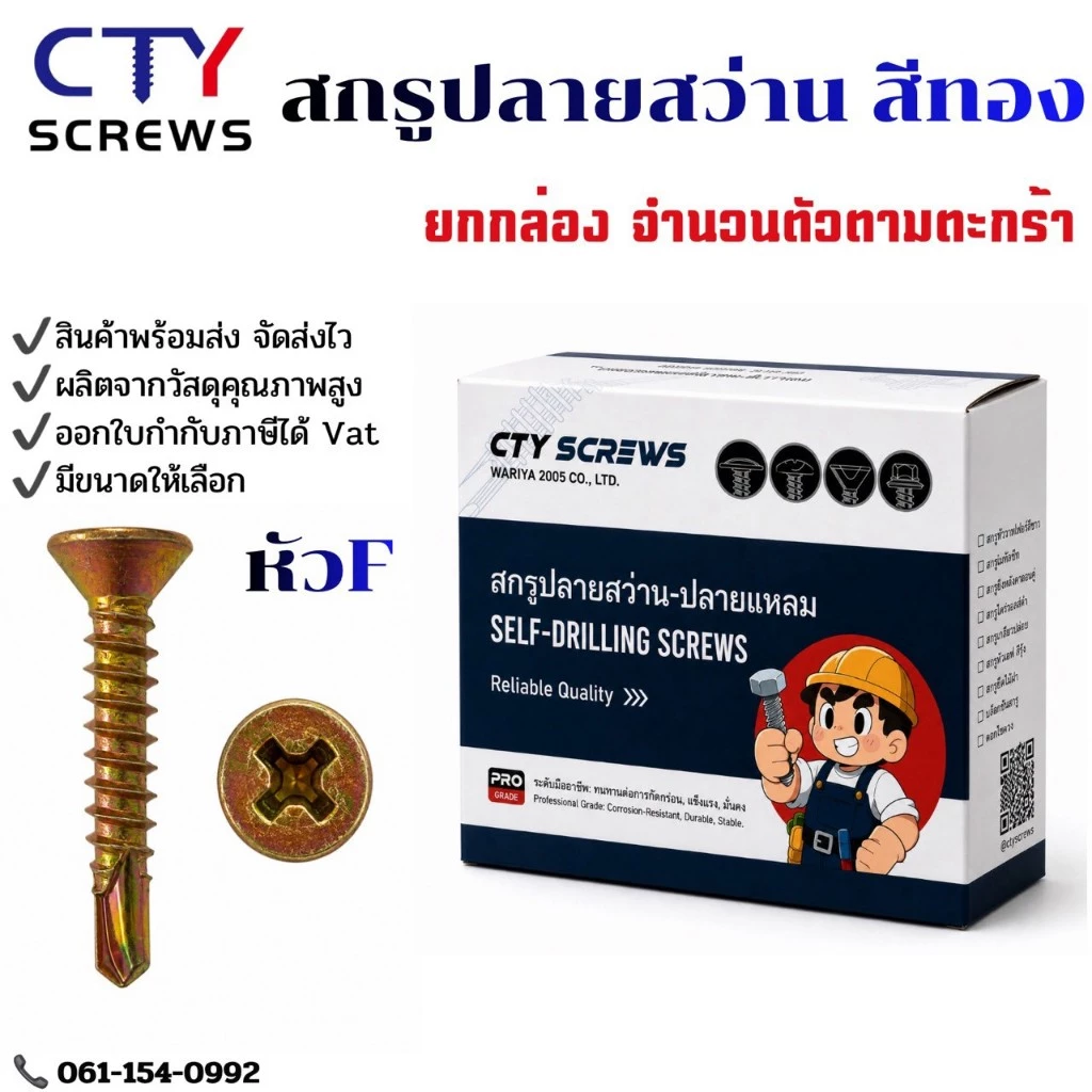 CTY สกรู สกรูปลายสว่านหัวเตเปอร์ หัวเอฟ สีรุ้ง CT ยกกล่อง สกรูหัวแบนสีรุ้ง