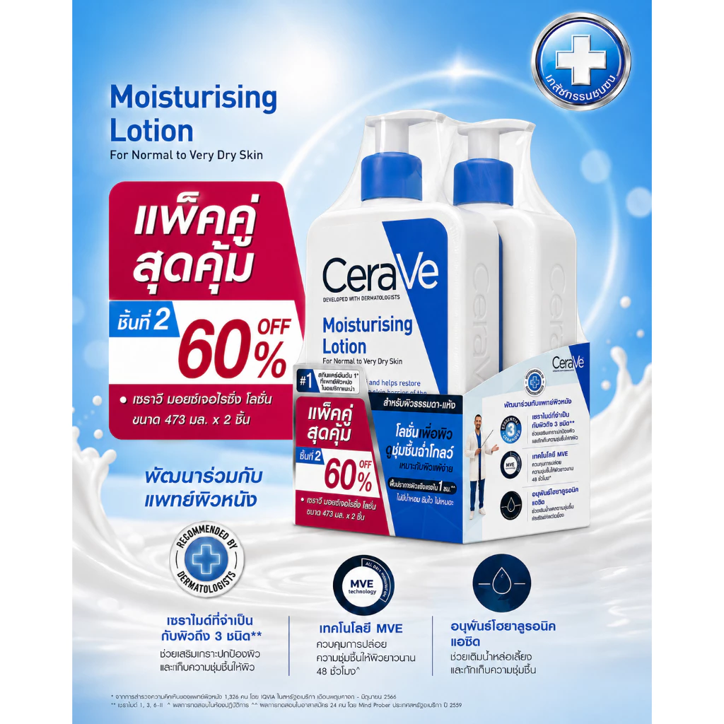 แพ็คคู่ 2 ขวด CERAVE Moisturising Lotion 473 ml เซราวี มอยเจอร์ไรซิ่ง โลชั่นบำรุงสำหรับผิวกาย EXP 04/2028