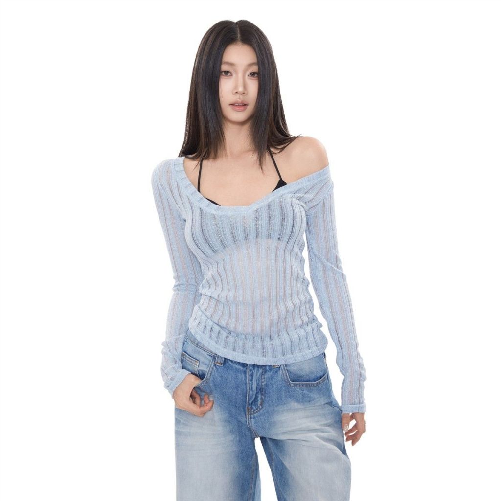 เสื้อยืดแขนยาวซีทรูกันแดดสำหรับผู้หญิง สไตล์บริสุทธิ์และเซ็กซี่ ทรงเข้ารูปพอดีตัว เหมาะสำหรับฤดูร้อน เสื้อคลุมกันหนาว ถ่