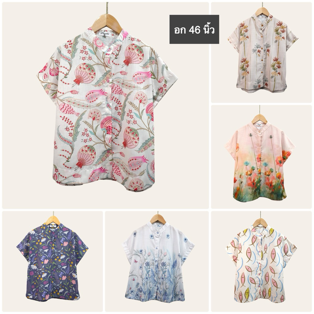 (อก 46”) เสื้อคอกลม เเขนสั้น ผ่าหน้า ลายสวย ทรงสวย ผ้าลินินสลาฟ ใส่สบาย