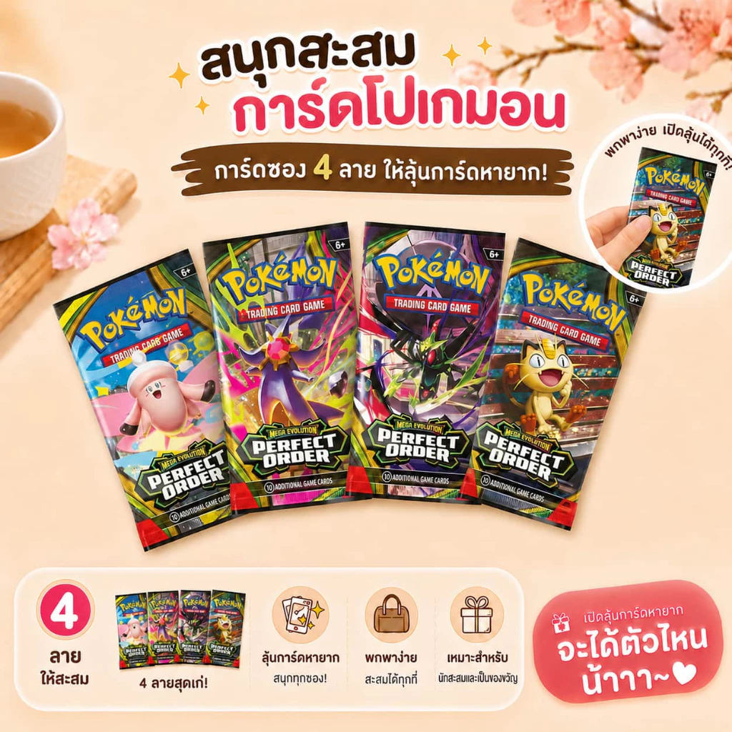 โปเกมอน การ์ดสะสมของแท้ Mega Evolution Perfect Order ซองสุ่มการ์ด Pokémon ลุ้นการ์ดหายาก สำหรับนักสะสม พร้อมส่ง