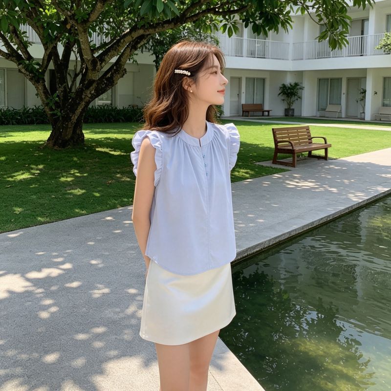 Swayy เสื้อทำงานสไตล์เรียบง่ายผู้หญิงแขนกุดขอบจีบ คอกลมหน้าแยกมีปุ่ม ผ้าเบาสบาย ทรงหลวมระบายอากาศได้ดีมาก