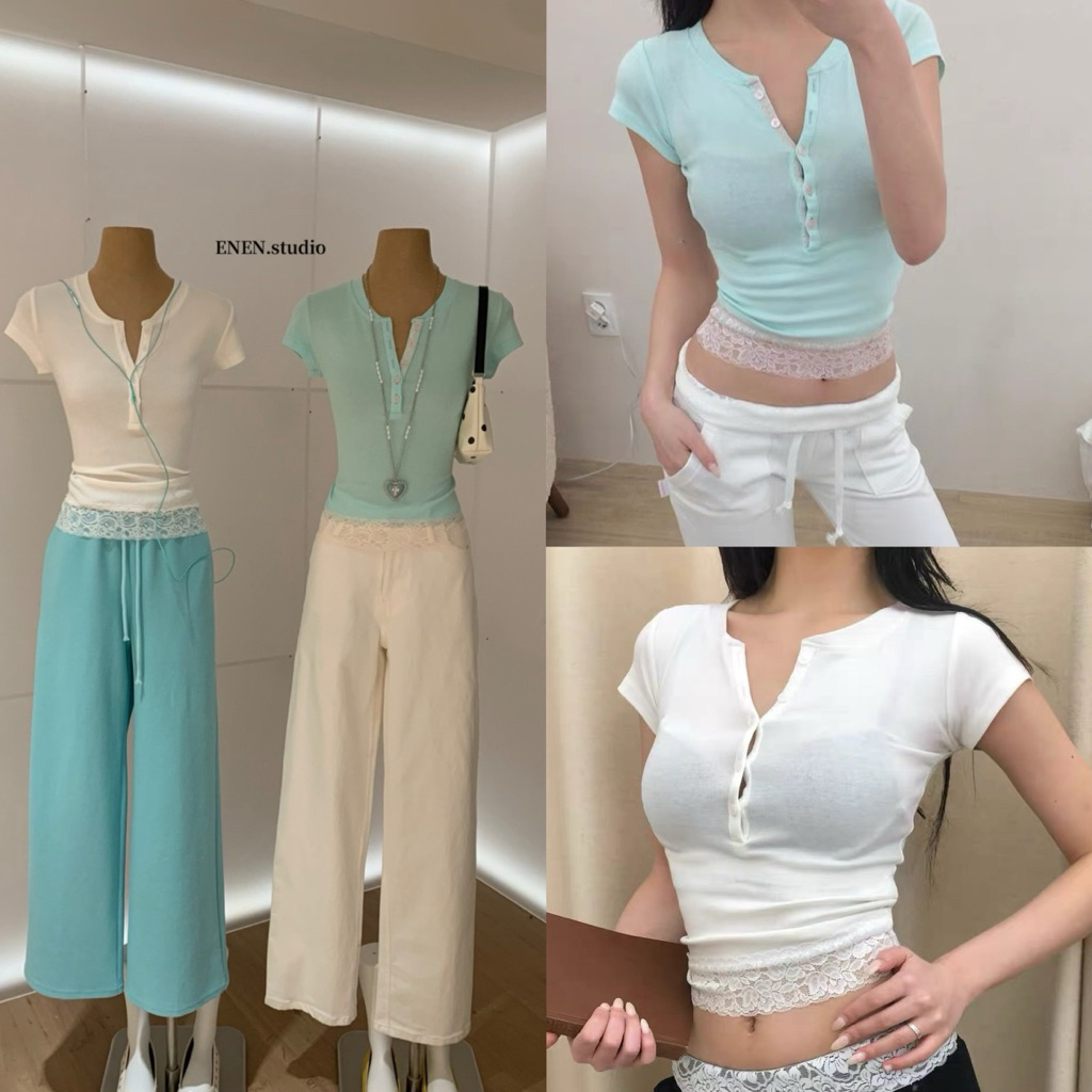 📍พร้อมส่ง📍10828# เสื้อแขนสั้น กระดุมปลดได้ ปลายเสื้อแต่งชายลูกไม้ เนื้อผ้ายืดหยุ่นได้เยอะ ทรงสวย TAG:WG.WE 🇰🇷