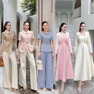 ชุดเซ็ต 2 ชิ้น เสื้อผ้าทวิต+กระโปรง,กางเกง สีครีม/ชมพู/ฟ้า/น้ำตาล/ดำ ใส่ทำงาน,ไปงานแต่ง งานบุญ งานบวช #Lalabelle