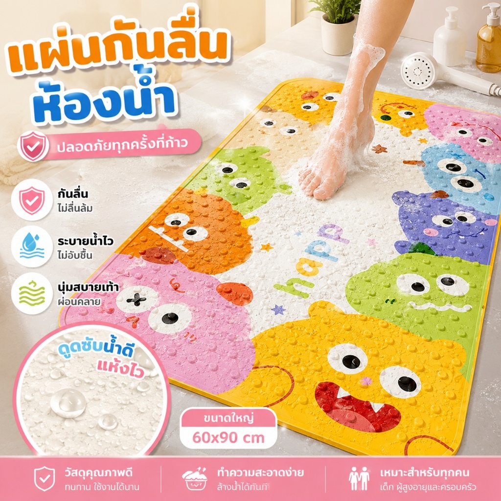【COD+จัดส่งในพื้นที่】แผ่นกันลื่นลายการ์ตูนพร้อมถ้วยดูดแข็งแรง ซักเครื่องได้ มี 3 ขนาด สําหรับบ้านห้องนั่งเล่น ห้องน้ํา ห