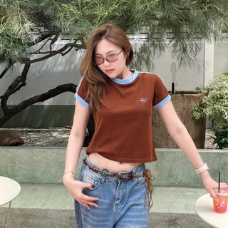 Heart Baby Tee Top เสื้อเบบี้ทรีคอกลมแต่งขอบ ผ้าหนาทรงสวยยับยาก