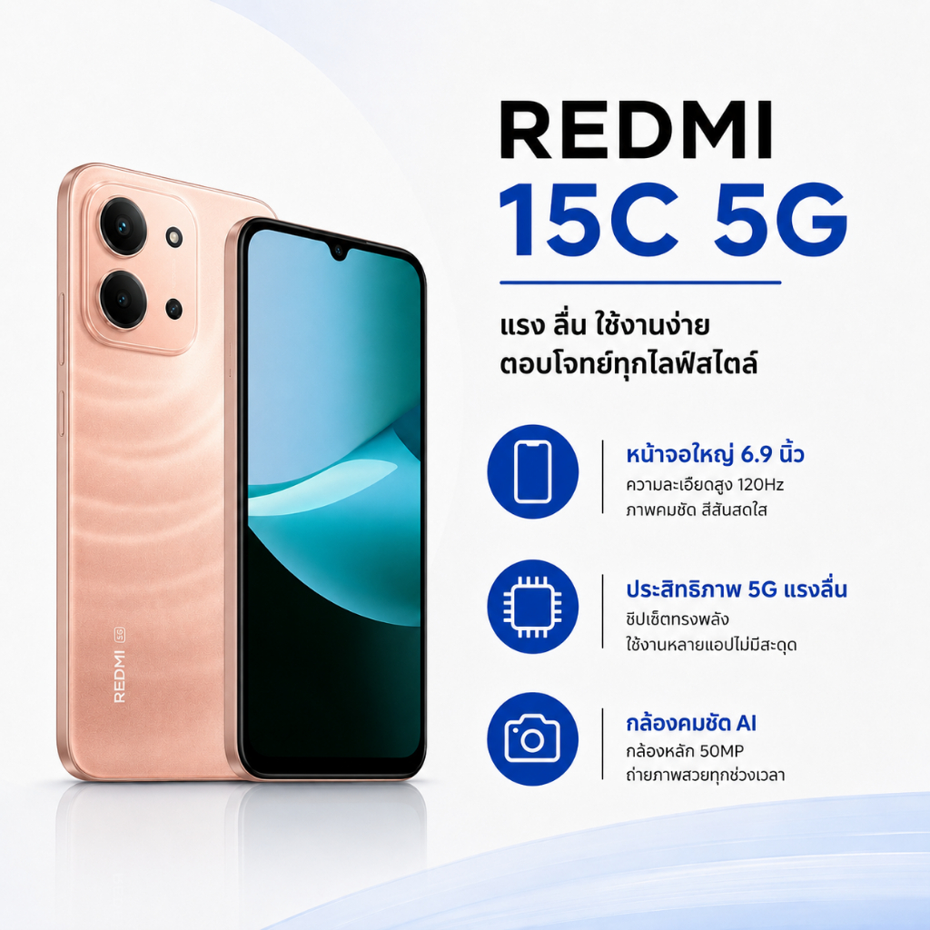 REDMI 15C 5G [8+256GB] หน้าจอ 6.9 นิ้ว 120Hz กล้อง AI 50MP แบตเตอรี่ 6000mAh + ชาร์จเร็ว 33W