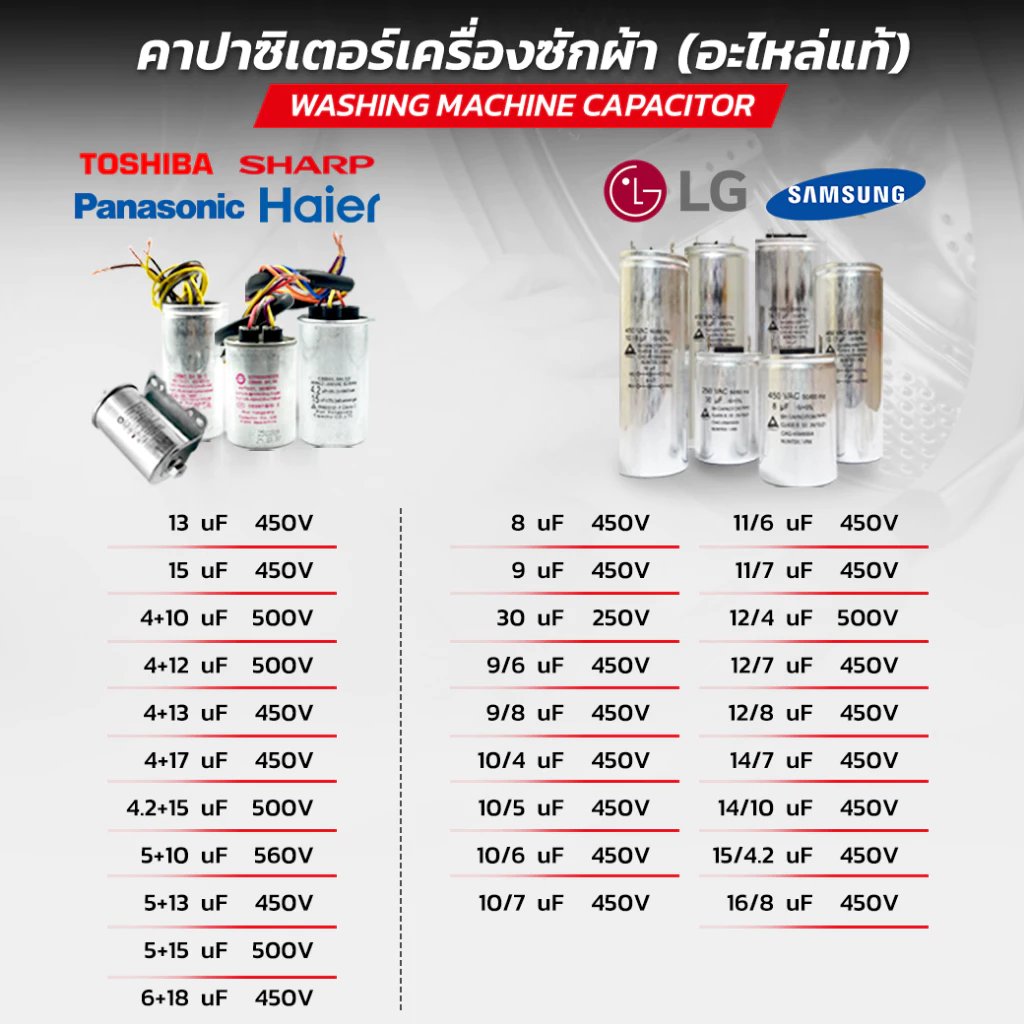 คาปาซิเตอร์เครื่องซักผ้า Capacitor 10/6uF 11/6uF 12/7uF 14/7uF 5+10uF 4+13uF 4+17uF รับประกัน 1 ปี