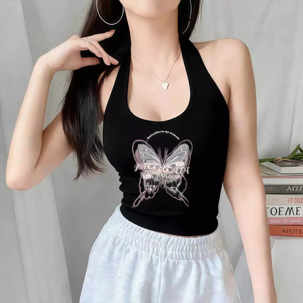 เสื้อกล้ามผู้หญิง คล้องคอเว้าหลัง เสื้อกั๊กแฟชั่นเซ็กซี่ เสื้อครอปสายฝอ ผ้านิ่มยืดพอดี