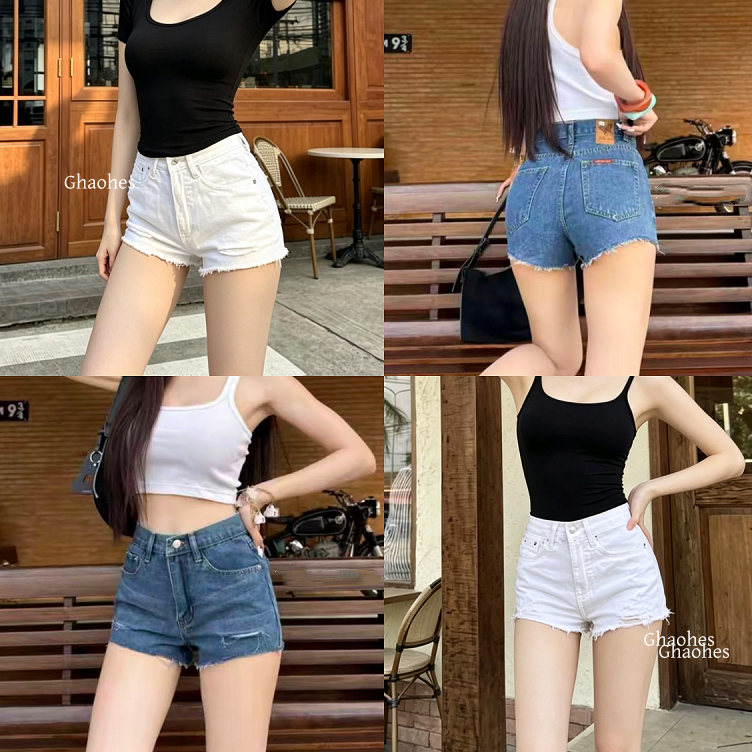 GHAOHES กางเกงยีนส์ขาสั้นผู้หญิงเอวสูง แบบบางใส่ช่วงฤดูร้อน ทรงเอให้ดูผอมเพรียว ไซส์ใหญ่#6668-6669