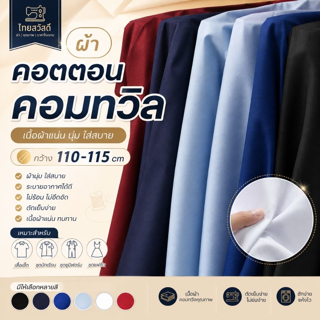 ผ้า คอตตอน คอตตอนคอมทวิล เสื้อ เชิ๊ตแอร์โร่ นิ่ม ยับยาก ตัดชิ้นยาวตามสั่ง กว้าง 110-115 cm
