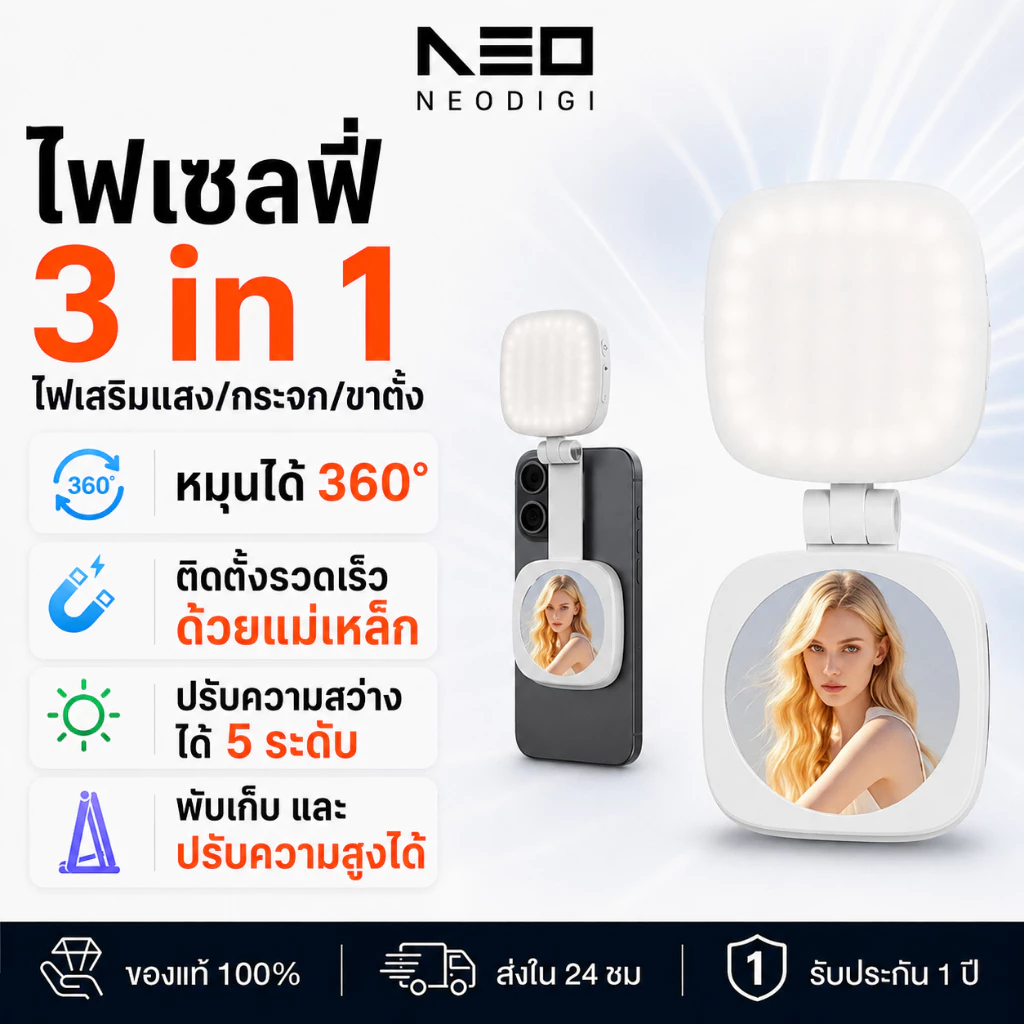 NEODIGI Selfie Light ไฟเสริมถ่ายรูปแม่เหล็ก 3in1 ไฟเซลฟี่ ไฟแต่งหน้า หมุนได้ 360° แสงสองสี พกพา มีกระจกในตัว พับเก็บง่าย