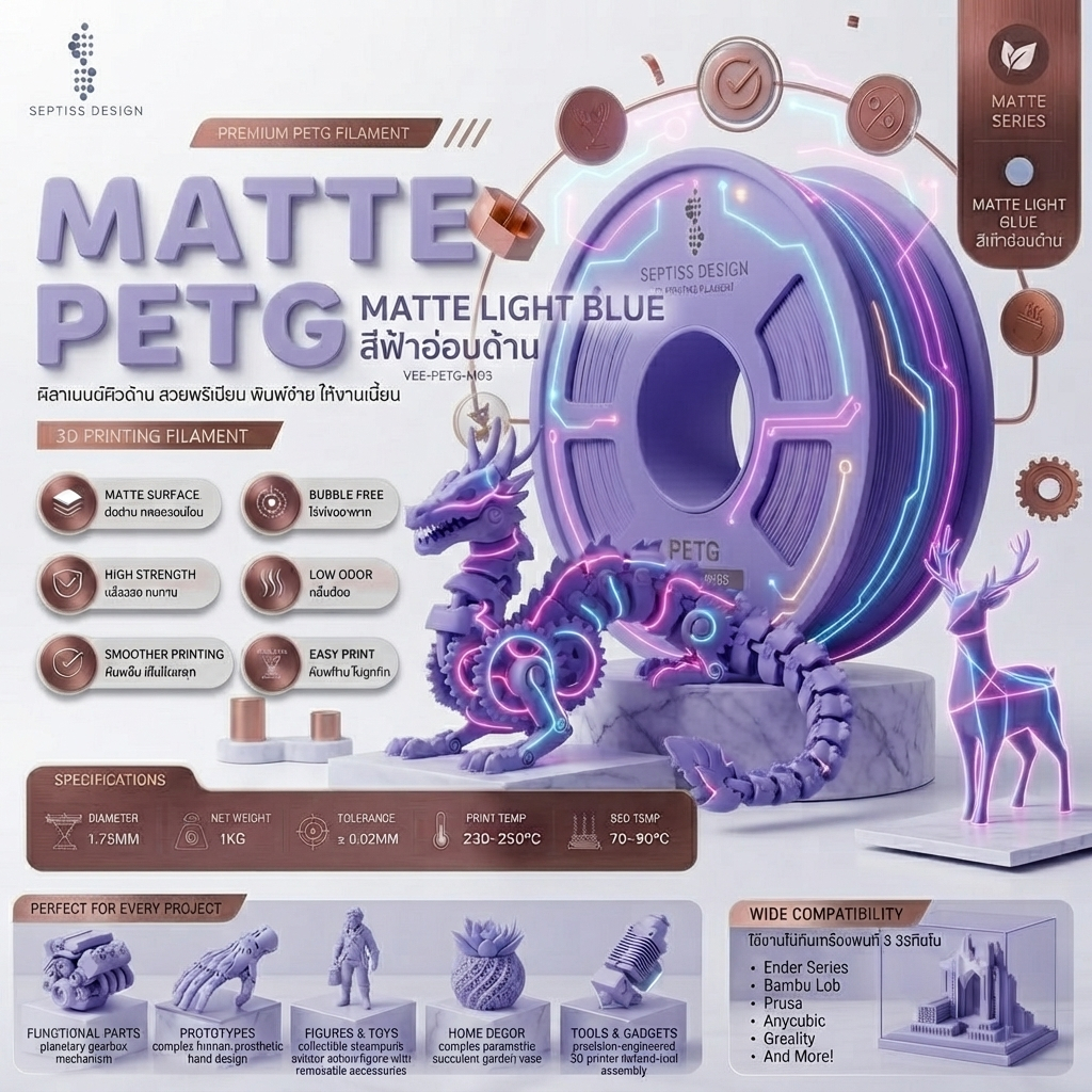 Matte PETG Filament เส้นพลาสติก 3D พรีเมียม ผิวแมตต์ซ่อนเลเยอร์ ยกระดับงานพิมพ์ของคุณให้เหนือระดับ