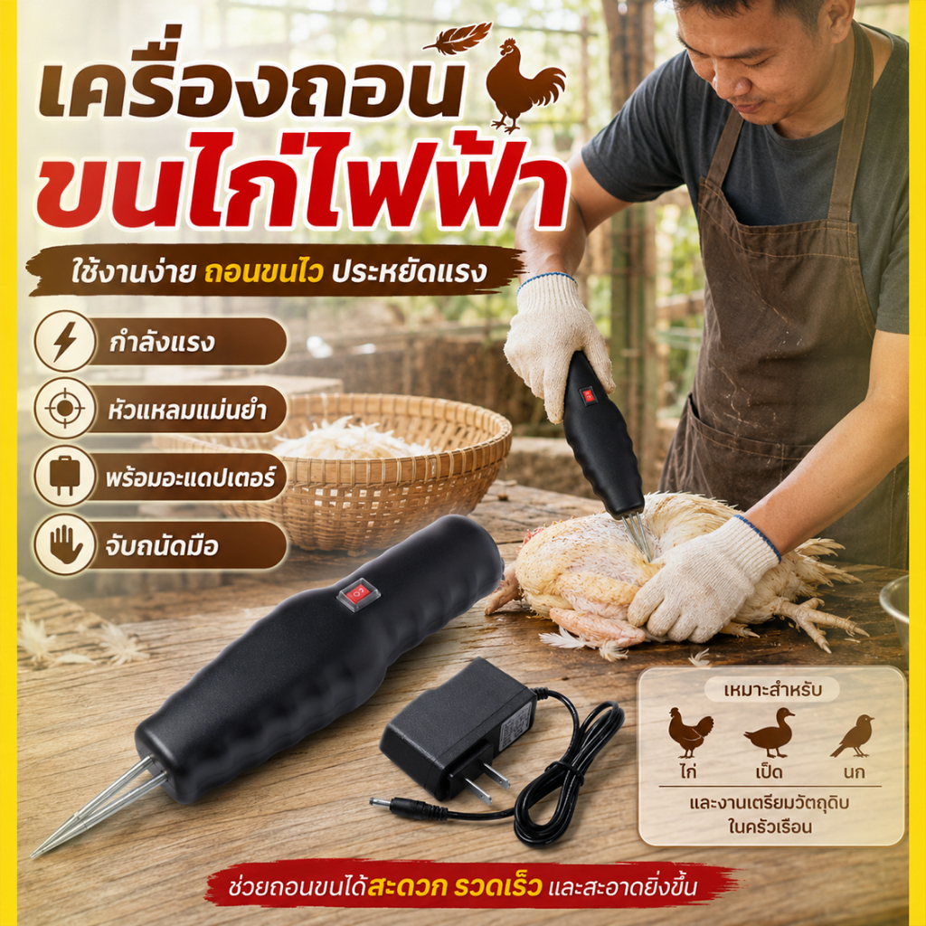 เครื่องถอนขนสัตว์ปีกไฟฟ้า ถอนขนไก่ เป็ด ห่าน และไก่งวงได้รวดเร็ว แบบพกพา ใช้งานง่ายสำหรับครัวเรือน