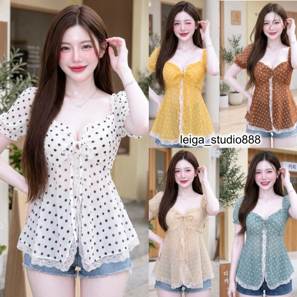 เสื้อแขนตุ๊กตา ผ้าซีฟอง (Polkadot) ทรงยาวชายพริ้ว แต่งลูกไม้ ระบายอก หลังสม็อค ผ้าใส่สบาย ใส่แมท  LG360