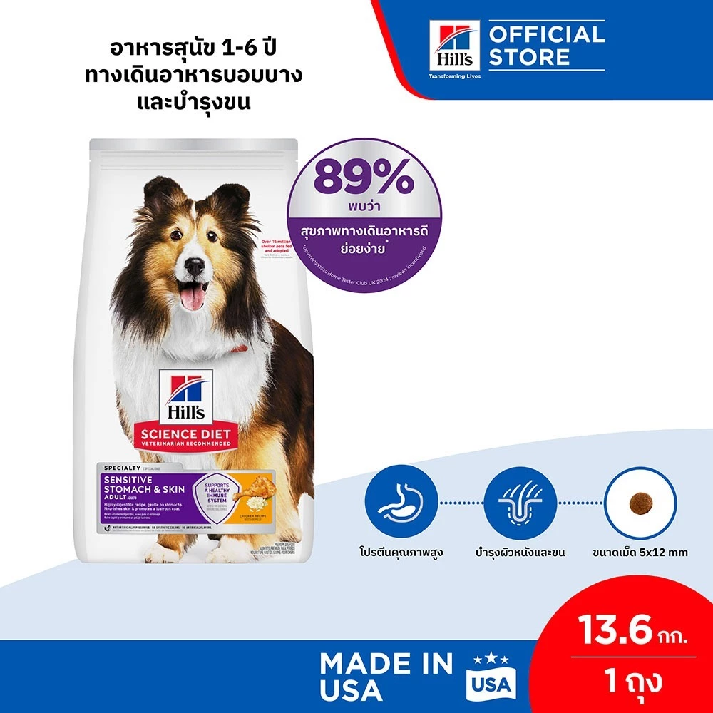 Hill's Science Diet Sensitive Stomach & Skin อาหารสุนัข อายุ 1-6 ปี สูตรทางเดินอาหารบอบบางและบำรุงขน 13.6 กก.