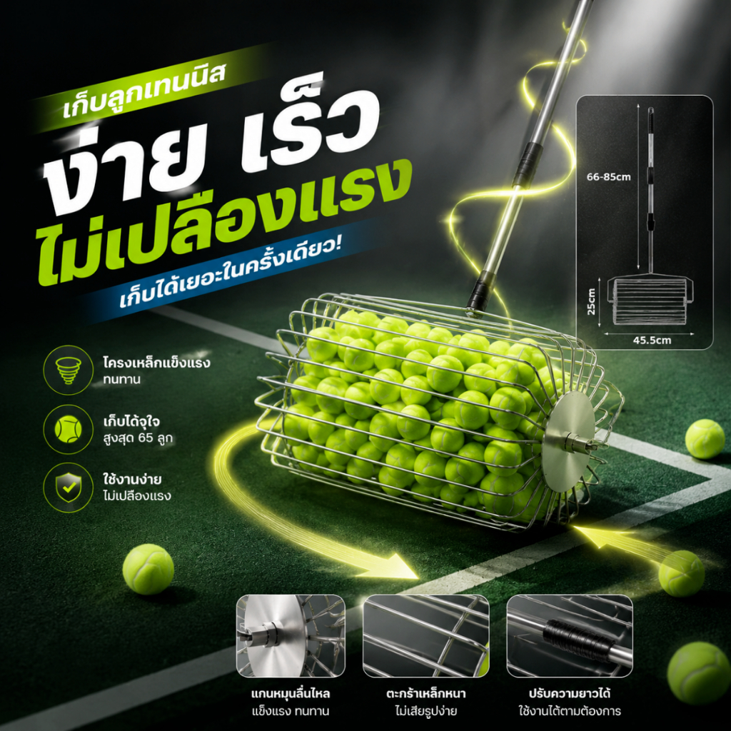 [ของพร้อมส่ง] เครื่องเก็บลูกกลิ้งสำหรับเทนนิส ปรับขนาดได้ เก็บได้ทั้งลูกพิคเคิลบอลและปิงปอง พกพาง่าย ใช้สะดวก