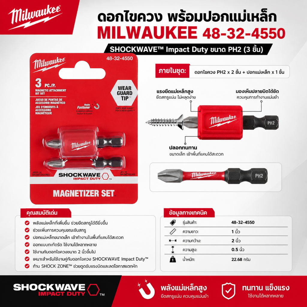 (ส่งจากไทย) ดอกไขควง Milwaukee 48-32-4550 SHOCKWAVE™ Impact Duty ขนาด PH2 (3 ชิ้น) / อุปกรณ์เสริม