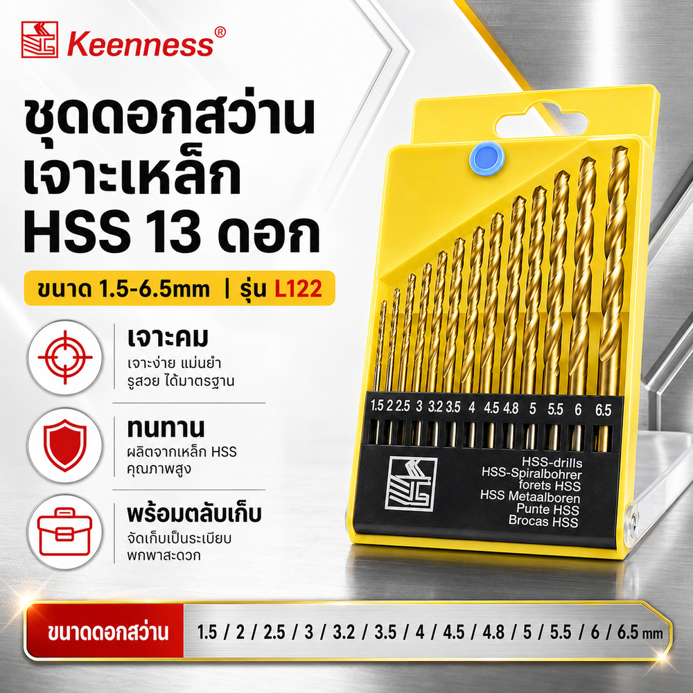 Keenness ชุดดอกสว่านเจาะเหล็ก HSS 13 ดอก (1.5-6.5mm) รุ่น L122 เจาะคม ทนทาน พร้อมตลับเก็บ