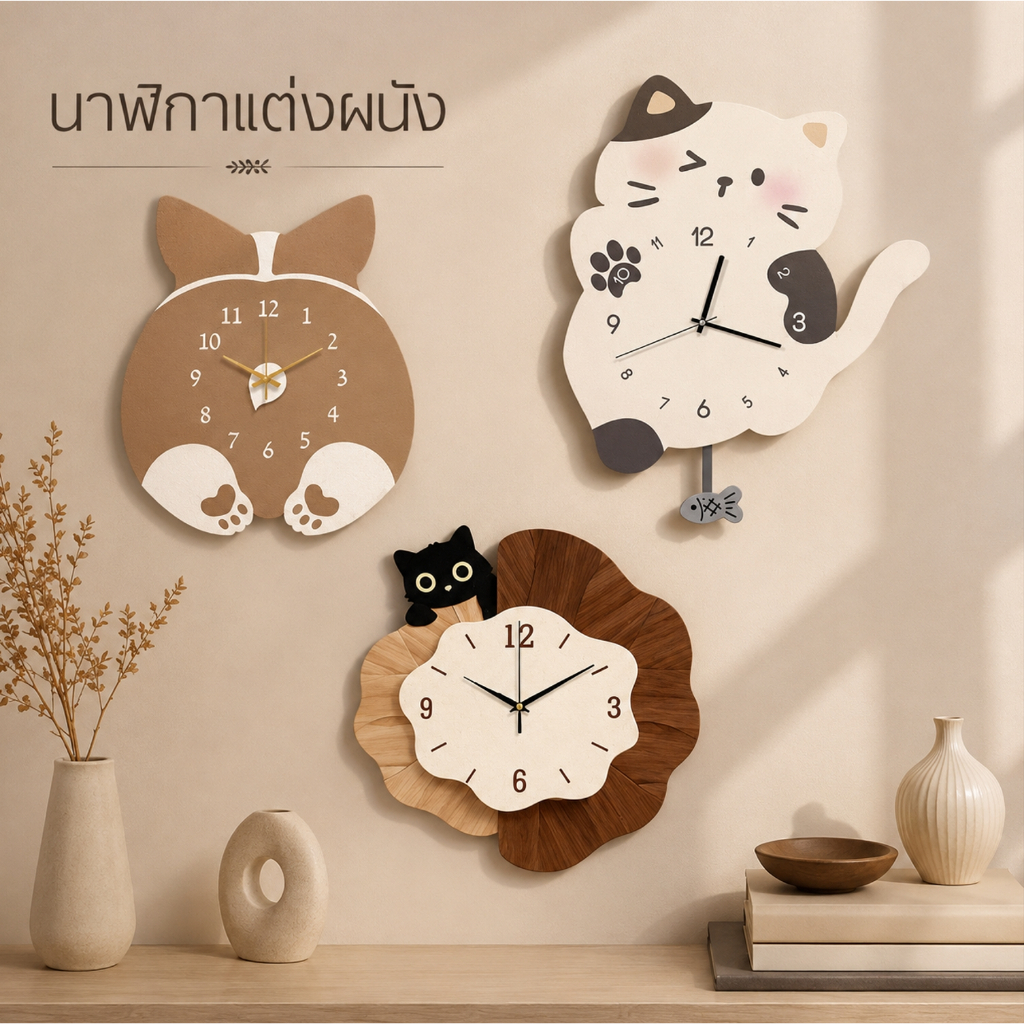 นาฬิกาติดผนังการ์ตูน  นาฬิกาแขวนผนังแมวดำ มินิมอล 30x30 ซม. นาฬิกาตกแต่งบ้าน สไตล์ญี่ปุ่น Nordic ห้องนั่งเล่น ห้องนอน