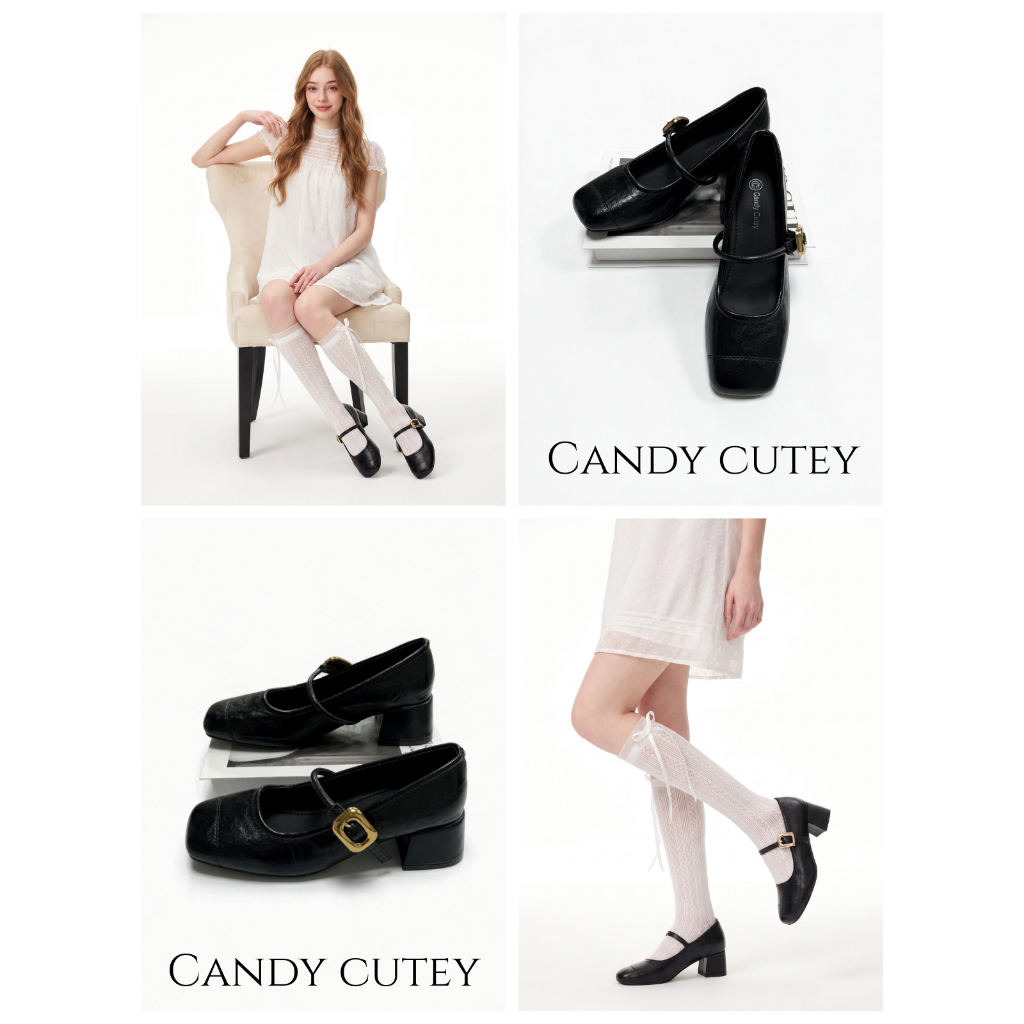 CandyCutey รองเท้าแมรี่เจนผู้หญิง น่ารักละเอียดอ่อน กระดุมโลหะดีไซน์เรียบง่าย เพิ่มเสน่ห์ ส้นกลางพื้นนุ่มไม่เมื่อยเท้า