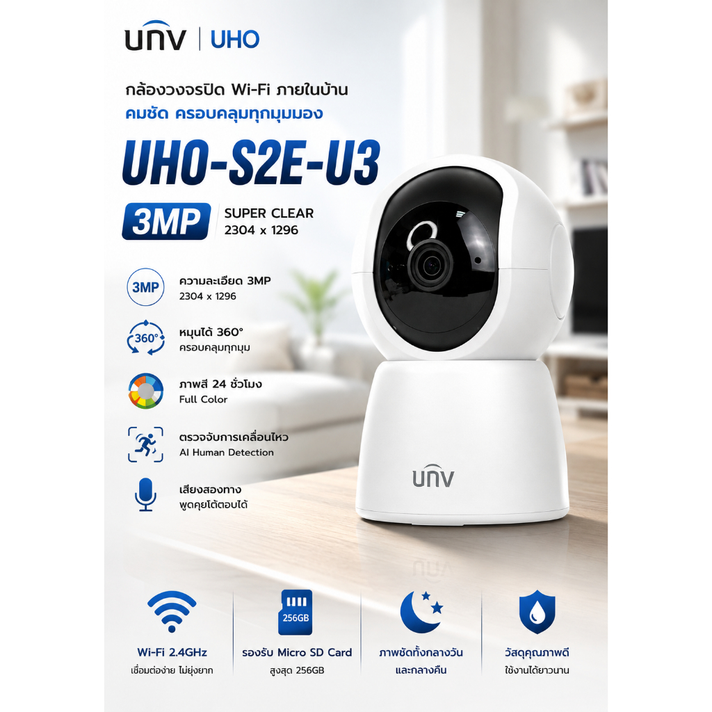 กล้องวงจรปิด WiFi UNV UHO-S2E-U3 3MP กล้อง IP Camera ดูออนไลน์ผ่านมือถือ พูดคุยโต้ตอบได้