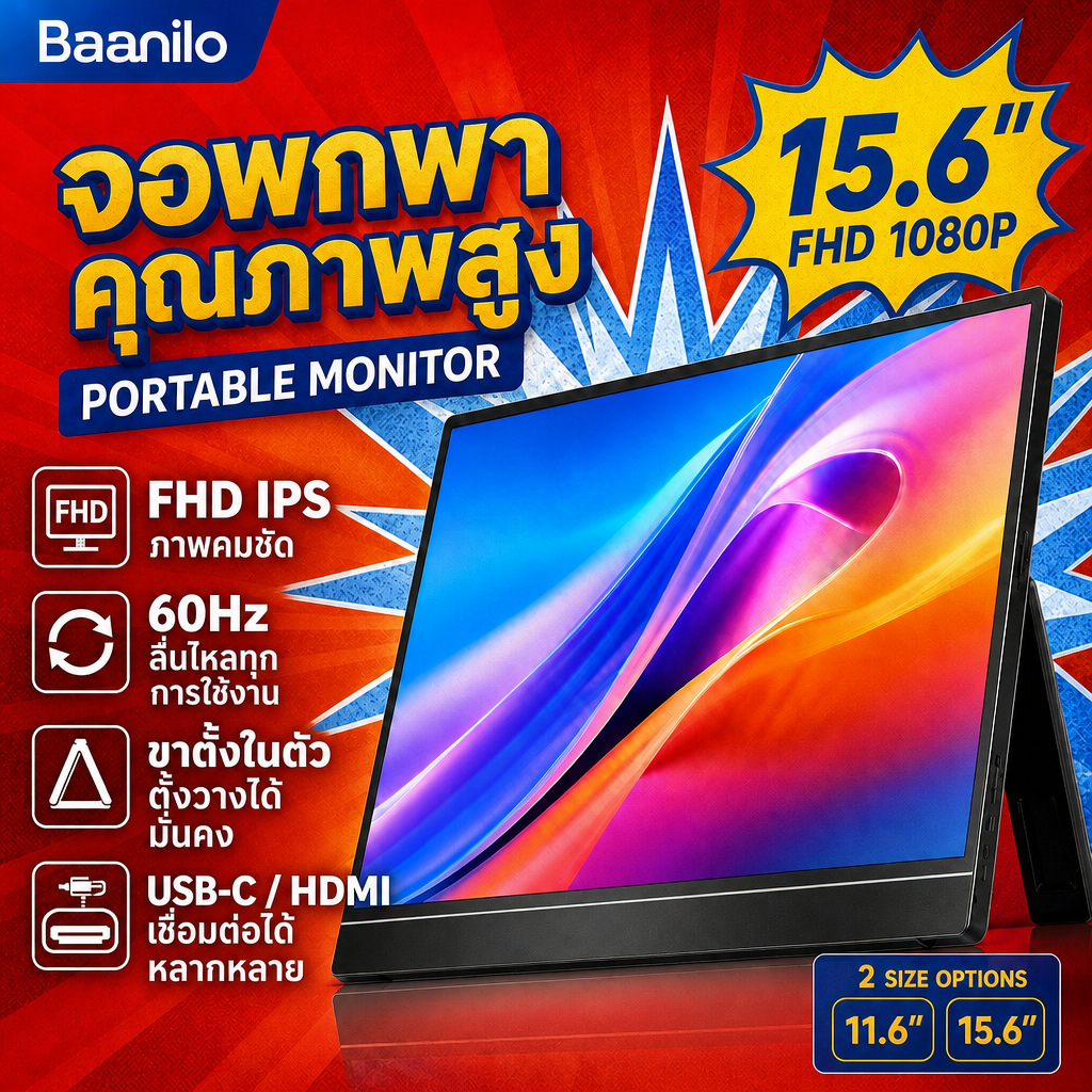 จอพกพา Portable Monitor จอมอนิเตอร์พกพา 11.6/15.6 นิ้ว FHD 1080P IPS 60Hz USB-C HDMI มีขาตั้ง