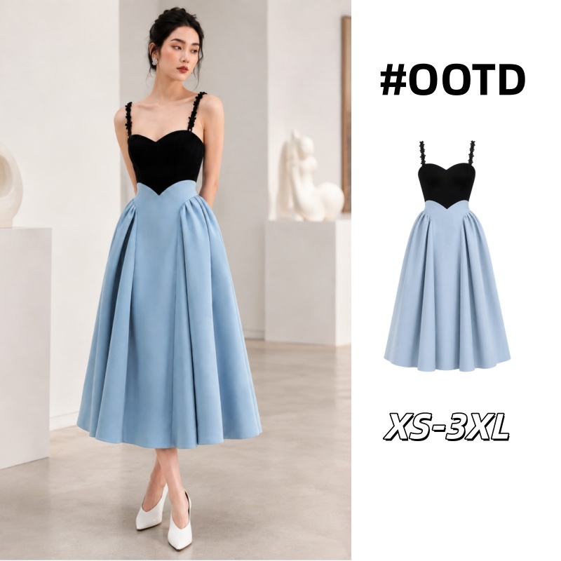 blue dress เดรสสายเดี่ยว สลับสี เข้ารูป เอวสูง เดรสยาว แฟชั่น สไตล์เกาหลี หรูหรา เรียบหรู ใส่เที่ยว
