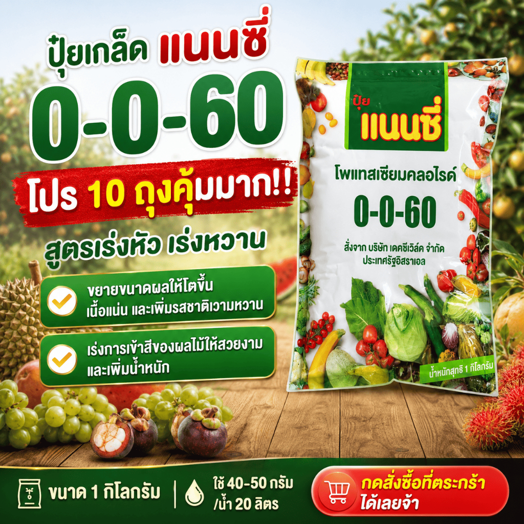ปุ๋ยเกล็ด แนนซี่ 0-0-60 (10ถุง) ขนาด 1 กิโลกรัม สร้างเนื้อ เพิ่มแป้ง เพิ่มน้ำหนัก เมล็ดเต็ม เพิ่มควา