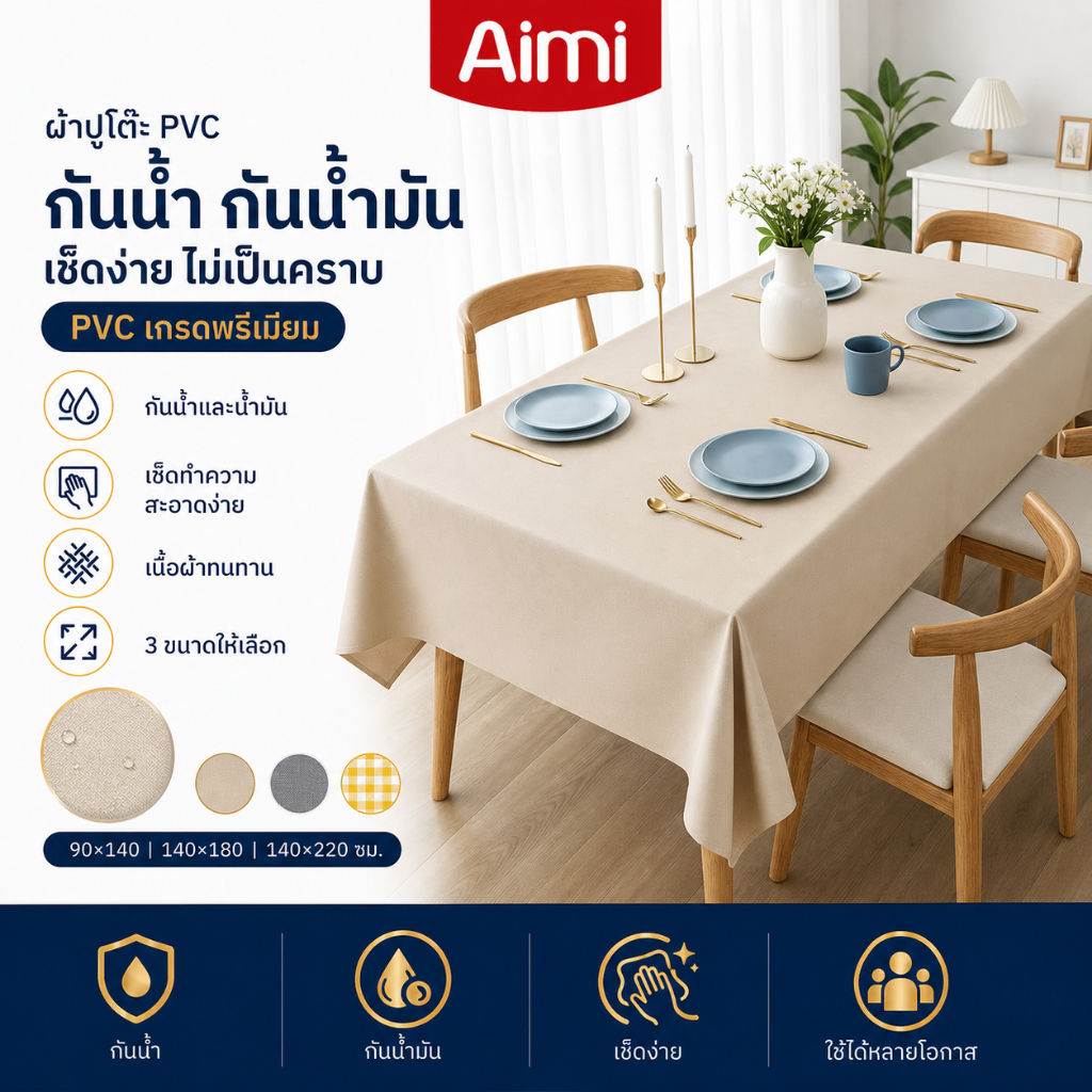 Aimi ผ้าปูโต๊ะ PVC กันน้ำ กันน้ำมัน เช็ดง่าย สำหรับโต๊ะอาหาร 3 ขนาด 3 สี