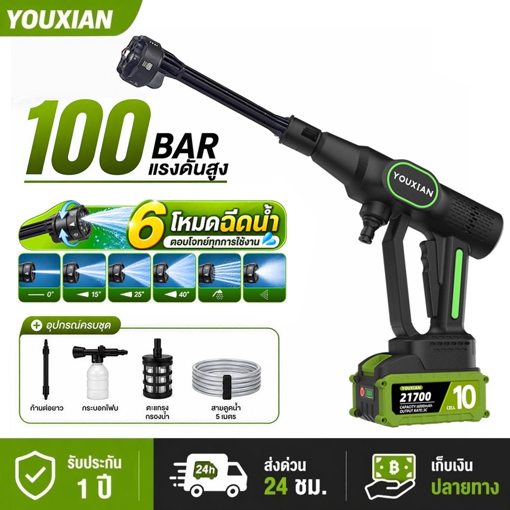 YOUXIAN เครื่องฉีดน้ำแรงดันสูงไร้สาย มอเตอร์ไร้แปรงถ่าน แบตเตอรี่ 21700 ล้างรถ หัวฉีด 6 แบบ สายดูดน้ำ 5 ม