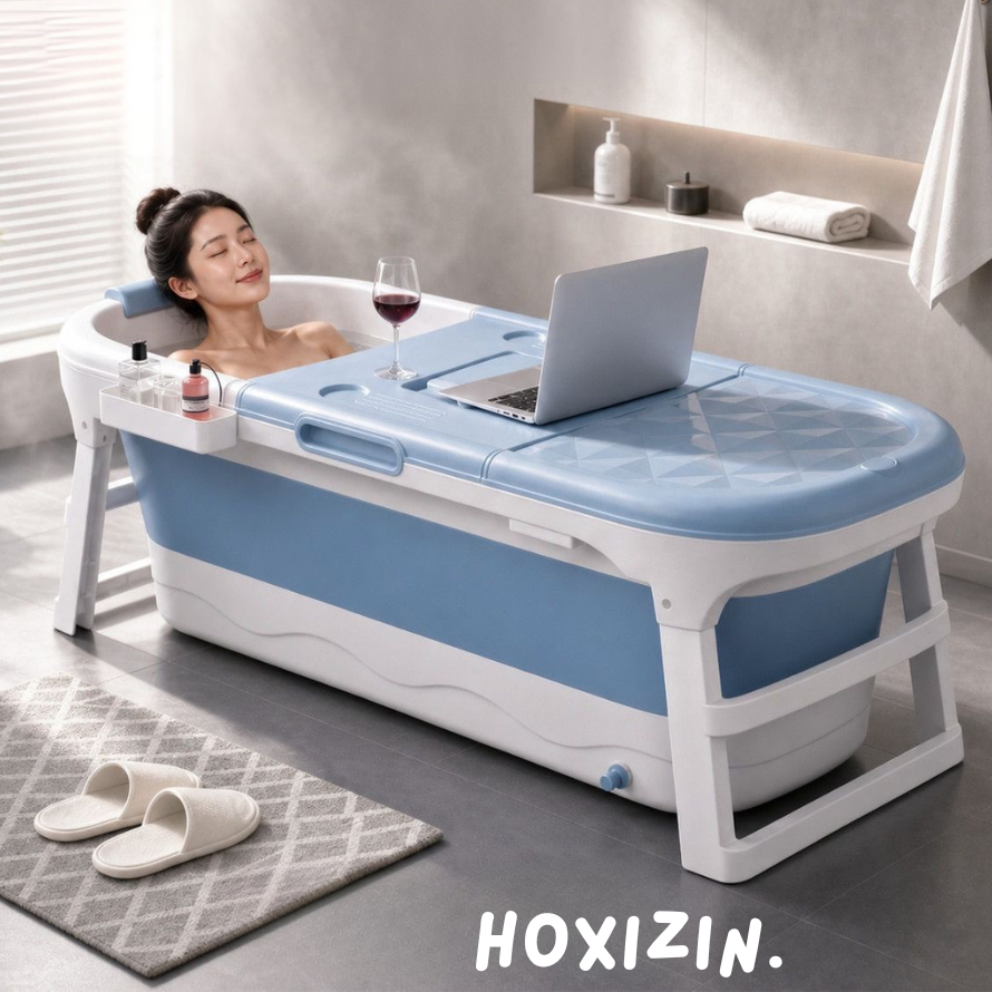 อ่างอาบน้ำพับเก็บได้ อ่างแช่น้ำพลาสติกพรีเมียมฝาปิดเก็บอุณหภูมิ Bathtub รับน้ำหนักเยอะ มีลูกกลิ้งนวด