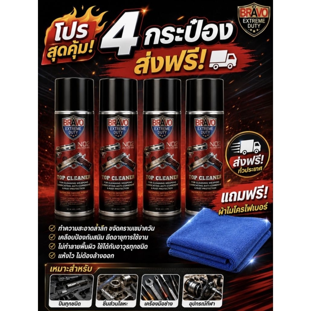 คุ้มสุดๆ แถมผ้า+ส่งฟรี BRAVO สเปรย์ทำความ สะอาดปืน ล้างลำกล้อง ลูกเลื่อน กันสนิม ใช้ได้ทุกรุ่น