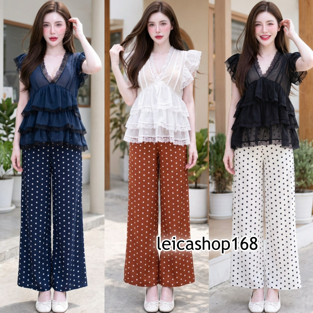 สินค้าพร้อมส่ง ชุดเซตแฟชั่น เสื้อผ้าชีฟองคอวี-แขนแต่งลูกไม้ ระบายชั้นๆ+กางเกงผ้าไหมอิตาลี เอวเรียบสม๊อคหลังซิปข้าง A8584