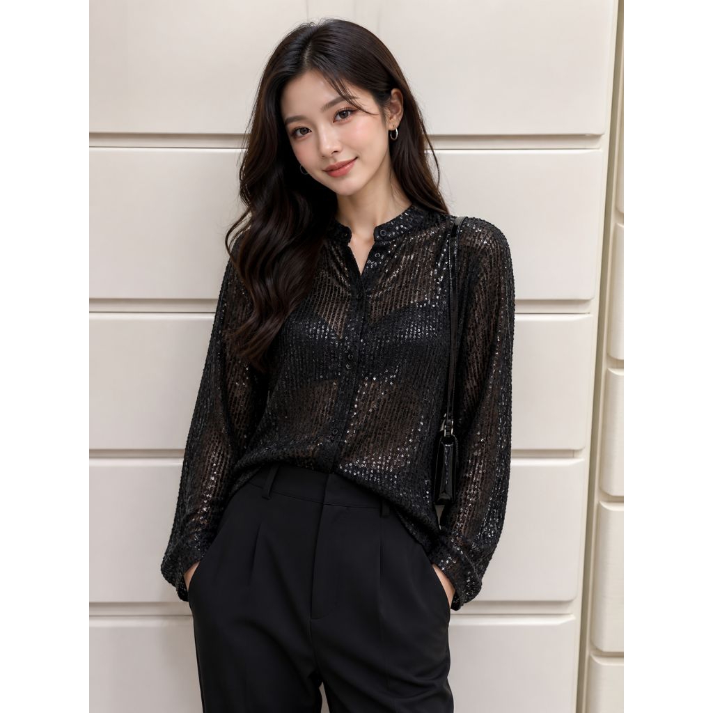 Black semi sequined shirt เสื้อเชิ้ตผ้าตาข่ายปักวิ้ง(สีดำ) แบรนด์M งานแท้/ใหม่ป้ายห้อย *อ่านรายละเอียดก่อนกดสั่ง*