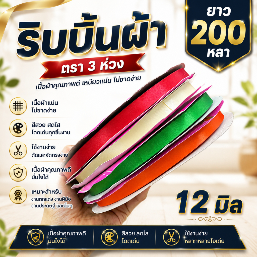 ริบบิ้นผ้า ตรา 3 ห่วง ขนาด 12 มิล X 200 หลา (1 ม้วน) ทำโบว์ของขวัญ ผูกช่อดอกไม้ ผูกกระเช้าผลไม้ ผ้ามีความมันวาวด้านเดียว