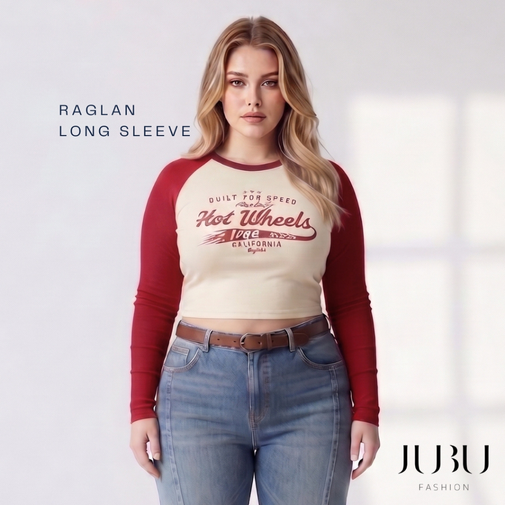 JUBUFASHION เสื้อยืดคอกลมแขนยาว เสื้อครอปสาวอวบ ทูโทน แขนสโลป ผ้ายูนิโคล ไซส์ L/XL อก35-44นิ้ว #616