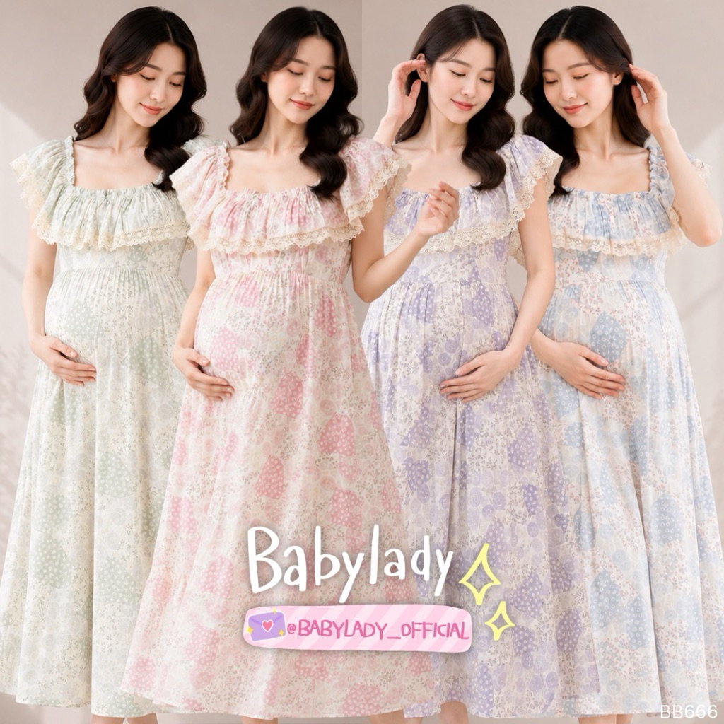 [BB 666] ชุดคลุมท้อง | BABYLADY ♡ - เดรสคอตตอน ระบายอก ใส่ได้ 2 แบบ โบว์หลัง มีซับใน
