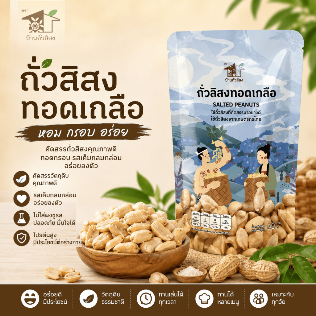 ถั่วทอดเกลือ 60 กรัม ใช้เกลือบริโภคเสริมไอโอดีน ถั่วลิสงทานเล่น /ทานกับเครื่องดื่ม