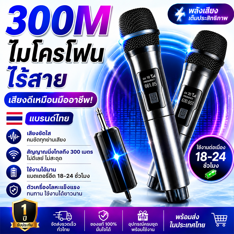 ไมโครโฟนไร้สาย 2 ไมโครโฟนแบบใช้มือถือ 50M ระยะทางรับ UHF การชาร์จแบบ KTV เวทีวงดนตรีป Wireless Microphone