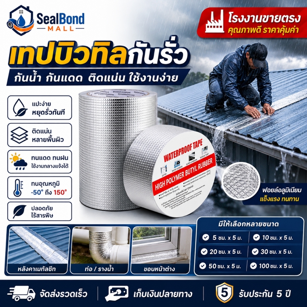 ซื้อมาก ยิ่งถูก เทปติดหลังคากันรั่ว เทปกาวบิวทิลอลูมิเนียม กันน้ำ100% ยึดเกาะแน่น ทนแสงแดด ซ่อมรอยรั่วหลังคาเหล็ก