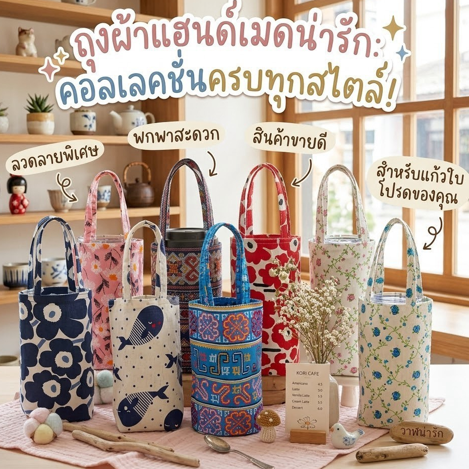 (ส่งด่วน กดตะกร้านี้) ถุงผ้าใส่แก้วน้ำ ถุงใส่แก้วเยติ มีหูหิ้ว พกพาสะดวก