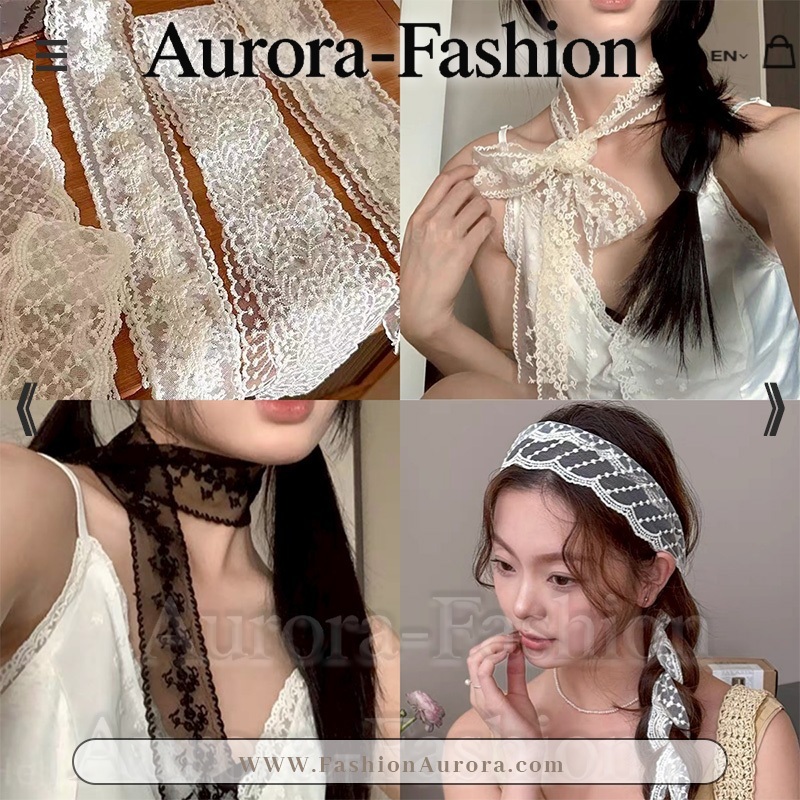 Aurora🛒พร้อมส่ง🚚(รูปถ่ายจากงานจริง) ผ้าคาดผมผ้าลูกไม้ลายดอกไม้ ดีไซน์ขอบหยักสวยงาม ผูกโบว์ปรับความยาวได้