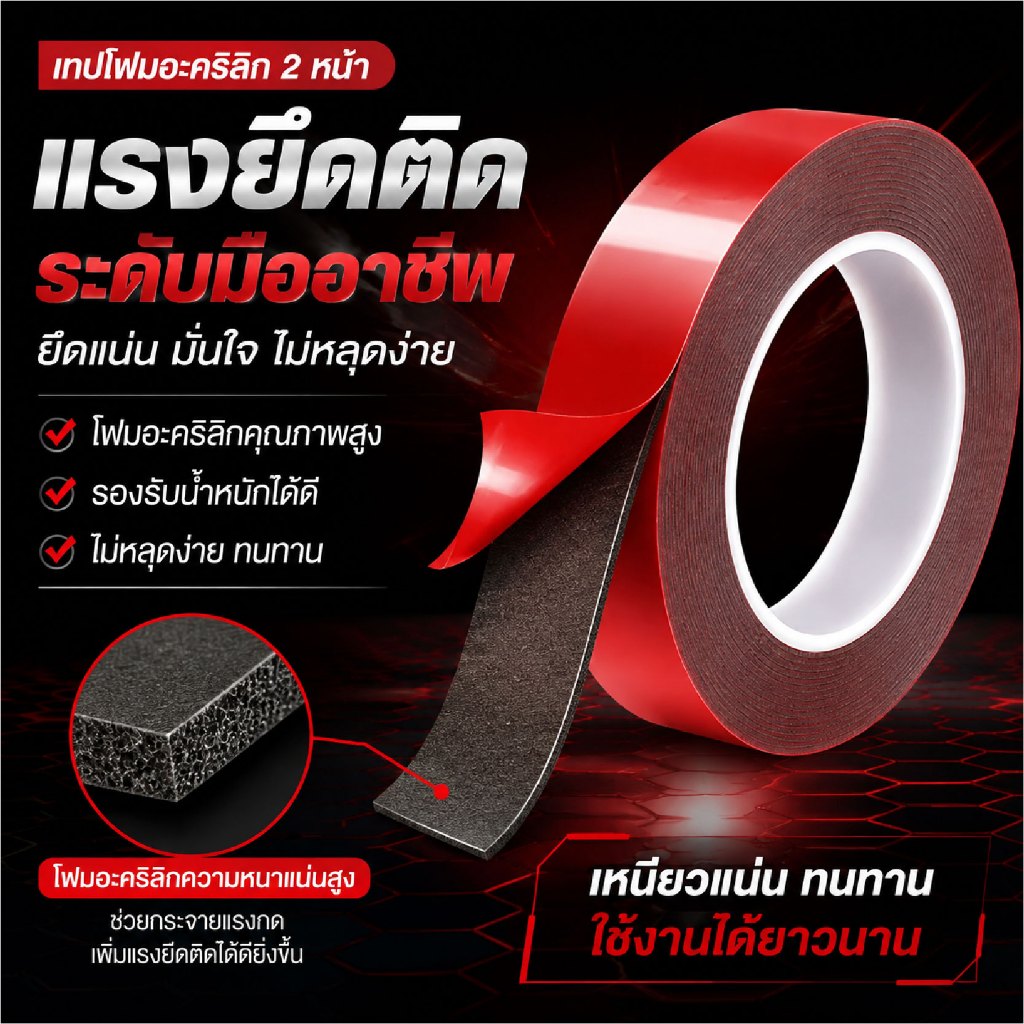 เทปสองหน้า PE เกาะแน่นสุดพลัง ฉีกออกไม่เหลือรอย กันน้ำ ทนร้อน ยาว 3M/10M