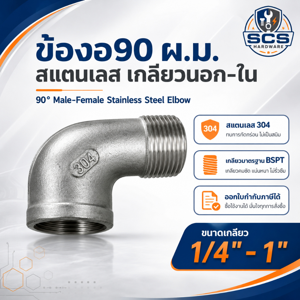 ข้องอผม. สแตนเลส 304 ขนาด 1/4" - 1นิ้ว ข้องอผม. สแตนเลส ข้องอเกลียวนอก-เกลียวใน อุปกรณ์สแตนเลส Stainless Street Elbow