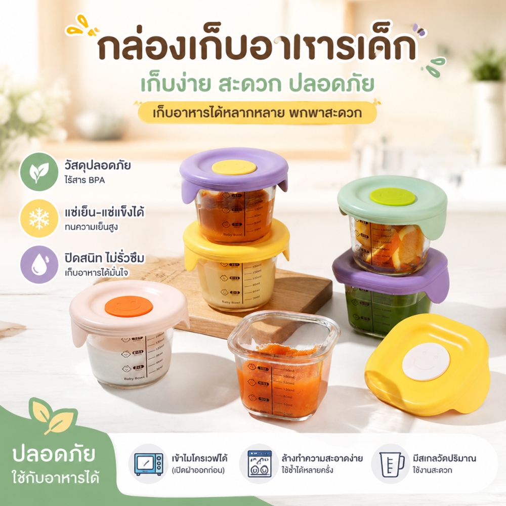 ชามอาหารทารกแก้ว Borosilicate 360°ปิดแน่น วัดปริมาณอายุ 5-12 เดือน ทนความร้อน/เย็น เก็บอาหารแม่ได้ ปลอดภัยไม่มีสารเคลือบ