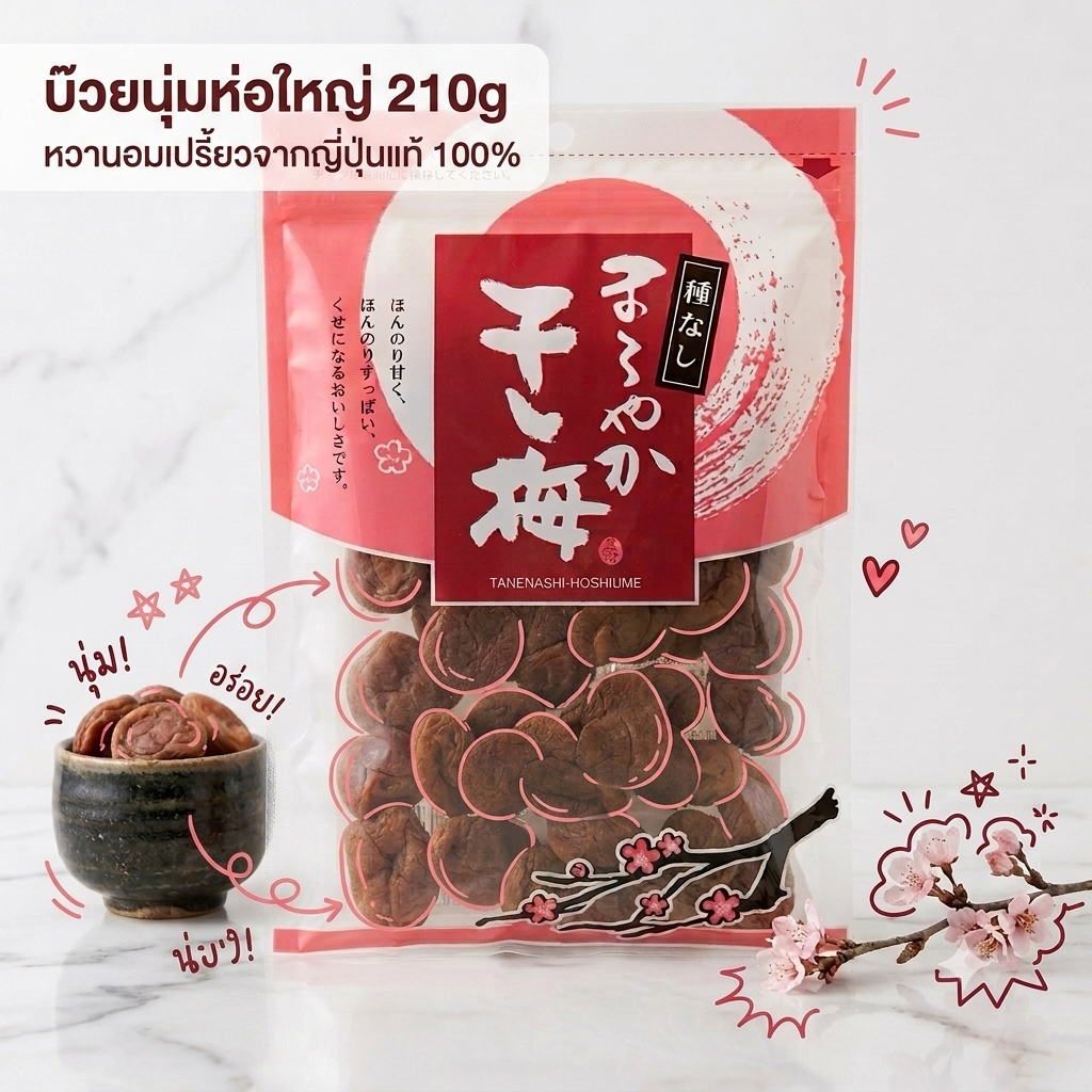 พร้อมส่งในไทย บ๊วยญี่ปุ่นแท้100% เป็นบ๊วยที่มีรสชาติออกเปรี้ยวหวานไม่เค็มมาก ห่อใหญ่ ขนาด 210 กรัม